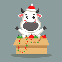 Illustration of a new year's bull in a box with a garland