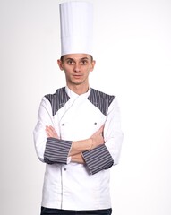 Portrait of female chef isolated on white