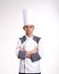 Portrait of female chef isolated on white