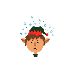 Sad Christmas Elf Сharacter in Green Hat Vector Illustration