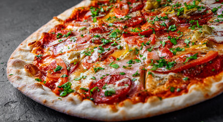 Pizza with Mozzarella cheese, ham, tomato sauce, pepper, salami. Italian pizza on Dark grey black slate background