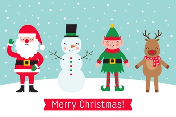 Christmas vector greeting card with Santa Claus, Elf, Snowman and Deer