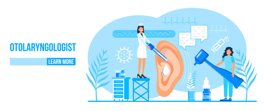 Otolaryngologist vector web template for landing page, header. Tiny doctors treat and examine patient ear, nose and throat. Otolaryngology health care concept. Rally, seminar, deaf awareness
