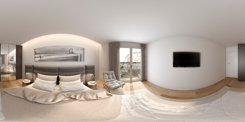 3D illustration spherical 360 degrees, a beautiful panorama of master bedroom