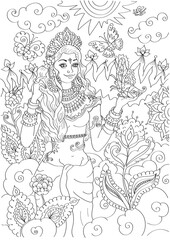 Indian goddess adult coloring book page. Kerala mural style coloring book