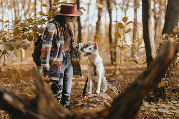 Stylish woman caressing adorable white dog in sunny autumn woods. Cute swiss shepherd puppy. Hipster female with backpack walking with her dog in autumn forest. Space for text