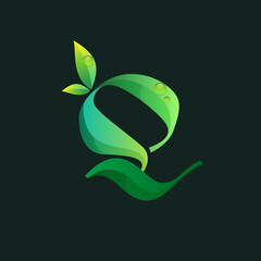 Letter Q ecology logo with green leaves and dew drops.