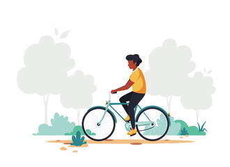 Fototapeta premium Black man riding bike. Healthy lifestyle, sport, outdoor activity concept. Vector illustration in flat style.