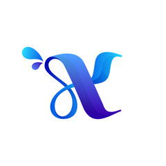 Clean blue X letter logo with water splash and drops.