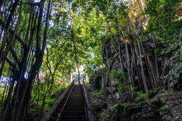 Escalier vers une grotte à Phnom Sampeau, Cambodge