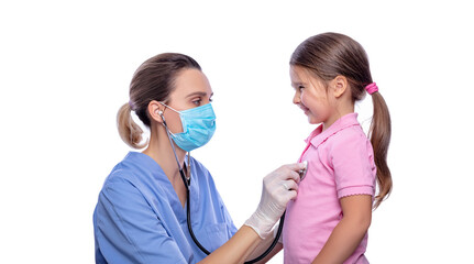 Vaccination concept. Female doctor pediatrician examines before vaccinating cute little girl on white background, closeup. isolated        