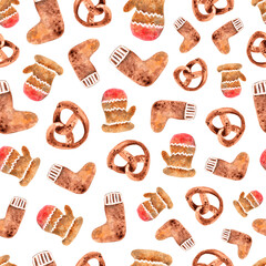 Seamless Christmas holiday pattern hand drawn in watercolor. For seasonal gift wrapping, cards, textile print, bakery shop. Gingerbread cookies: Christmas socks, pretzel and mittens sweet wallpaper 