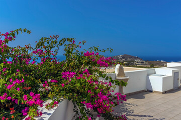 A view from a church courtyard close to the settlement of Akortiri in Santorini in summertime