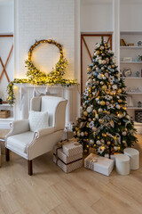 Decorated Christmas room with beautiful fir tree