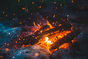Vivid smoldered firewoods burned in fire closeup. Atmospheric background with orange flame of campfire. Wonderful full frame image of bonfire with glowing embers in air. Warm logs, bright sparks bokeh - Powered by Adobe