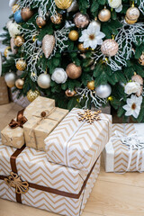 Decorated Christmas room with beautiful fir tree