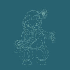 Penguin in a hat cute doodle coloring book. Hand drawn illustration, seamless pattern. Coloring book for children, monochrome. Separately on a white background. Print, sketch. Children's picture. A ch