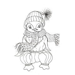 Penguin in a hat cute doodle coloring book. Hand drawn illustration, seamless pattern. Coloring book for children, monochrome. Separately on a white background. Print, sketch. Children's picture. A ch