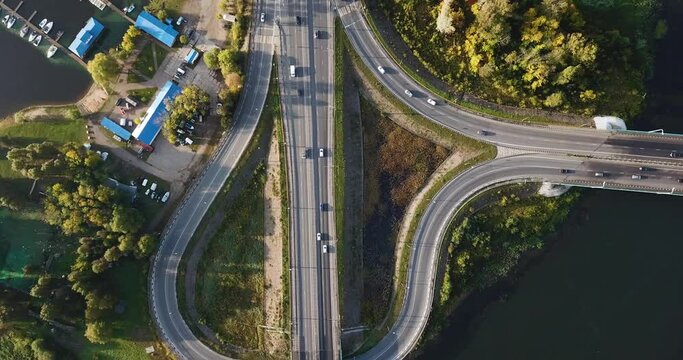 Aerial view of cars on bridge over Kotorosl River in Yaroslavl, Russia. High quality 4k footage