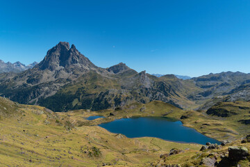 Naklejka na ściany i meble Views from the Ayous peak of the Midi d'Ossau and other peaks, mountains and lakes of the Pyrenees