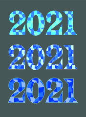 2021 poly vector symbol. Mosaic version-blue colors. Happy New Year abstract triangle illustration with circles for decoration