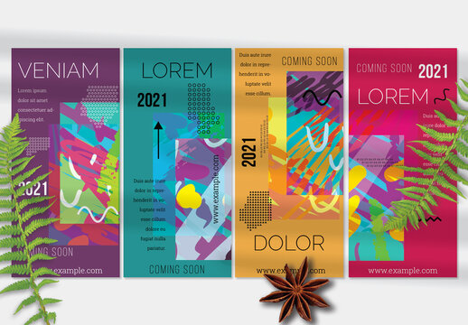 Flyer Layout with Geometric Shapes and Bright Abstract Artistic Brush Strokes