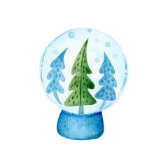 Blue crystal snowball with fir trees. Watercolor illustration isolated on white for cards, prints, decor, gifts, souvenirs, greeting.
