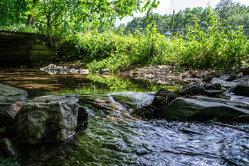 River flowing round rocks in close up