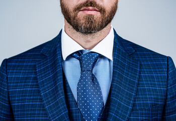 Bearded male face with unshaven facial hair cropped view in fashion formal style grey background,...