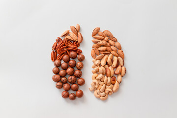 Top view of pecans, brazil nut, cashews, almonds and macadamia nut. Assorted brown color nuts brain shape on gray background. Proper nutrition concept