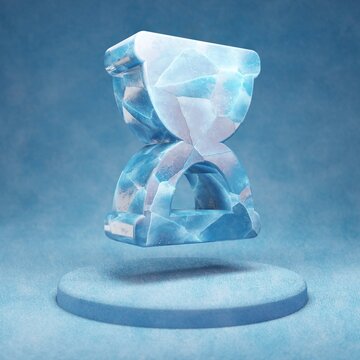 Hourglass Start Icon. Cracked Blue Ice Hourglass Start Symbol On Blue Snow Podium.