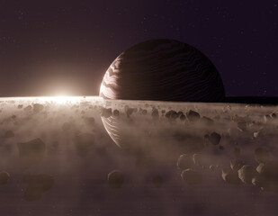 Planet Saturn or Jupiter close-up with meteorites ring and sun in haze, 3d illustration © 3d_vicka