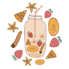 Isolated vector colorful illustration design of lined ornamental glass tea bottle with fruits