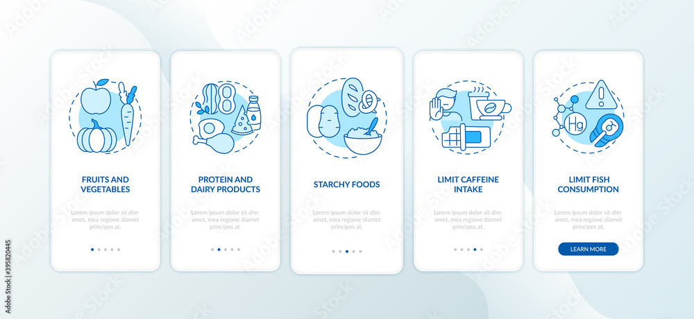 Poster healthy breastfeeding diet onboarding mobile app page screen with concepts. protein and dairy produc