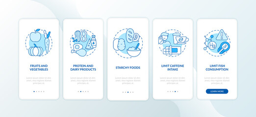 Healthy breastfeeding diet onboarding mobile app page screen with concepts. Protein and dairy products walkthrough 5 steps graphic instructions. UI vector template with RGB color illustrations