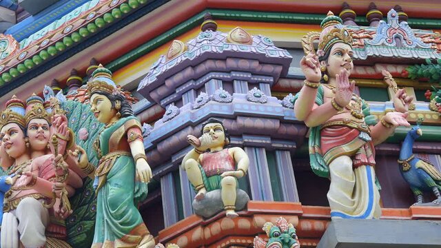 Close-up on statues of Narassingua Peroumal tamil temple in Saint-Pierre on Reunion Island