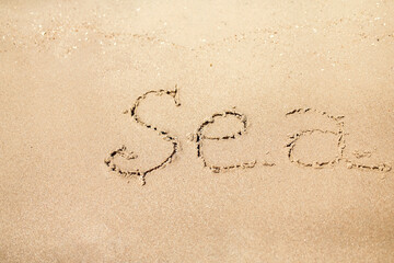 Obraz na płótnie Canvas Handwritten Sea Word on the Sand Coast. Wonderful words on beach sand. Love idea concept.