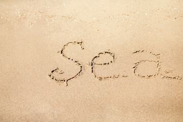 Handwritten Sea Word on the Sand Coast. Wonderful words on beach sand. Love idea concept.