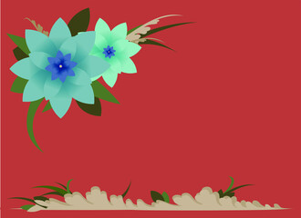 blue flowers on red background and leafy border