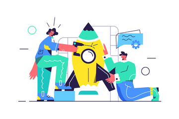 Guy and girl preparing big rocket for launch, startup startup, girl with drill isolated on white background, flat vector illustration