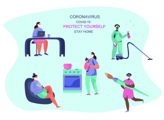 apartment, baby, books, business, cartoon, coronavirus, design, epidemic, family, family home, flat, flat design, flowers vector, house, illustration, infection, medical mask, online, people, presenta