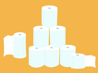 Toilet Paper Pyramid.
Seven Rolls of Toilet Paper. Rolls of Toilet Paper are White, and one 
Paper Towels. Flat Vector Illustration.