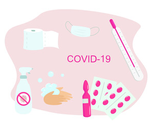 Antiseptic and Hygiene During Coronavirus.Hand Washing with Soap.Detergent Bottle With a Red Sign Against Virus.Ampoule,Drug, Mask,Thermometer,Medical Equipment and Toilet Paper.Vector Illustration.