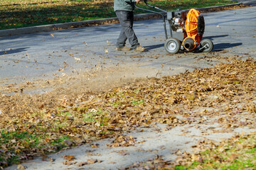 Man operating cleaning the sidewalk with a leaf blower