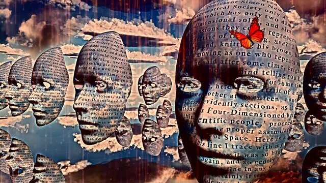 Surreal faces with text hovers in the sky