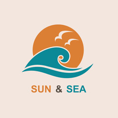 abstract icon of sun and sea with seagulls isolated