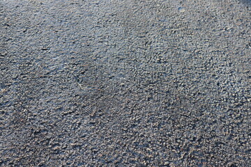 A picture of a thin layer of frost on a asphalt road. Close up on the ground. Outside a sunny day during the late autumn. Stockholm, Sweden.