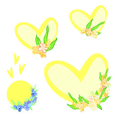 Set of fresh flowers with hearts and circle for design. Simple elegant decoration. Sunny, yellow, green, warm colors, orange, optimistic theme