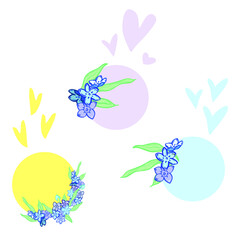 Set of fresh flowers with circles and hearts for design. Simple elegant decoration