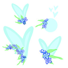 Set of fresh flowers with hearts and circle for design. Simple elegant decoration in blue and turquoise colour